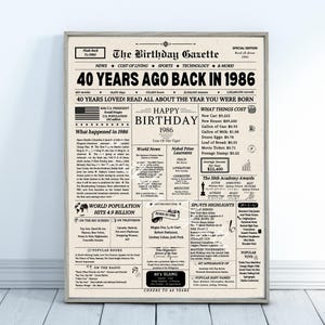 Enseigne de journal pour 40e anniversaire 1986, cadeau de 40e anniversaire pour homme ou femme, retour en 1986, décorations de 40e anniversaire, téléchargement immédiat image 8