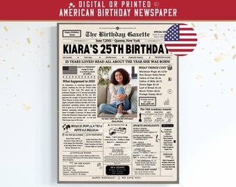 25th Birthday Newspaper, 25th Birthday Decorations, 25th Birthday Gift for Him or Her, Back in 2001 Sign, 25th Birthday Games