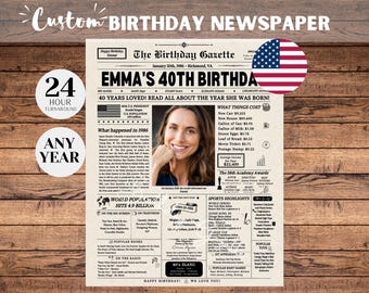 Zeitungsposter zum 40. Geburtstag, Geschenk zum 40. Geburtstag für Sie und Ihn, Dekoration zum 40. Geburtstag, Geschenke für Männer, Geschenke für Frauen