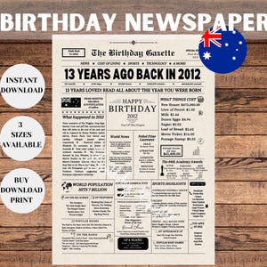 Panneau de fête du 13e anniversaire, journal du 13e anniversaire AUSTRALIE, cadeaux de l'année de naissance 2012, il y a 13 ans, en 2012, anniversaire de l'Australie