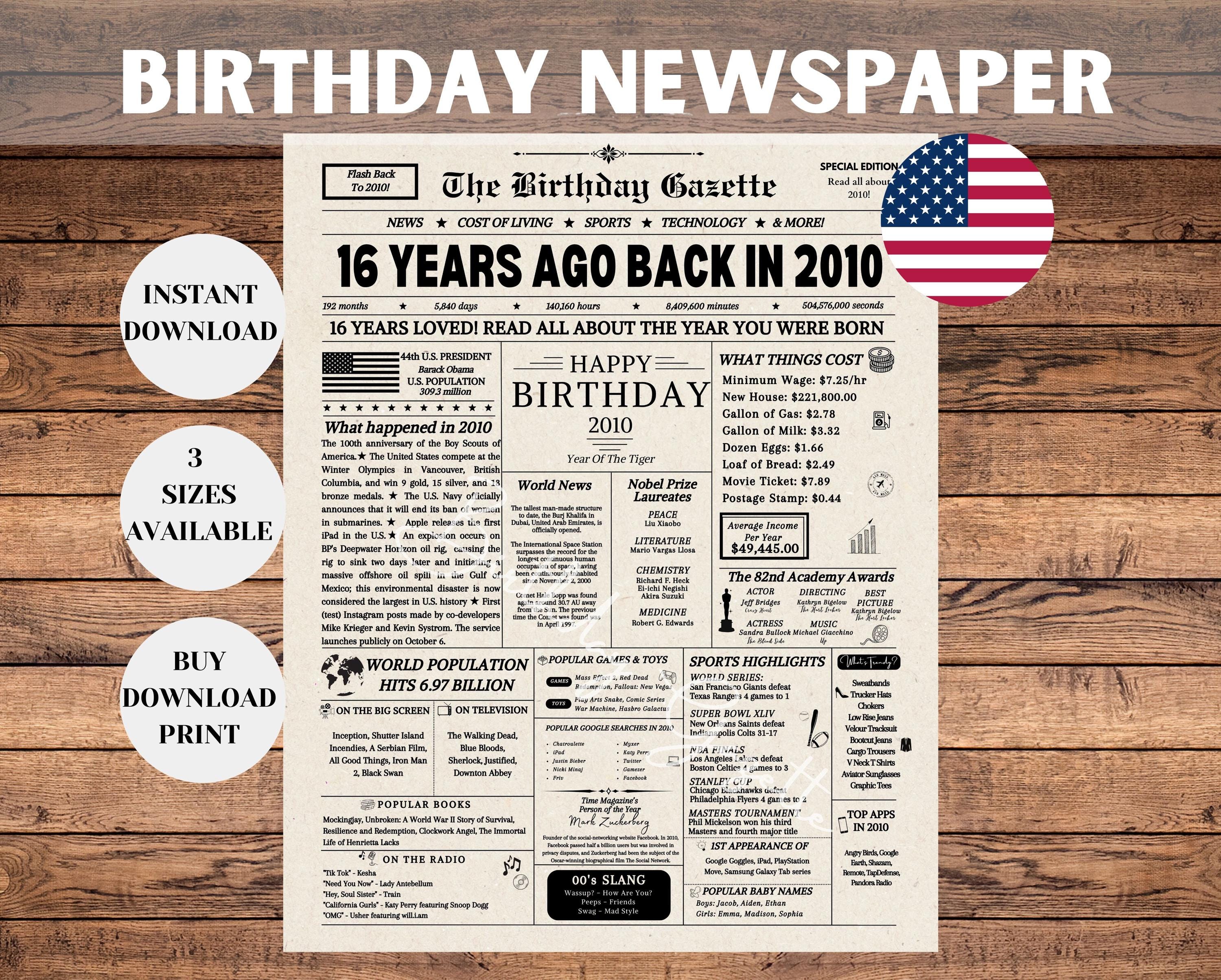 16th Birthday Newspaper Sign, Sweet 16 Birthday Gift for Kids