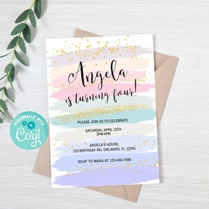 Pode incluir: Um convite de anivers&aacute;rio em tons pastel com detalhes em glitter dourado. O convite diz "Angela faz quatro anos!" e inclui os detalhes da festa, como a data, a hora e o local.