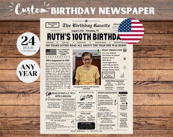 100th Birthday Gift for Grandma or Grandpa, 1926 Birthday Newspaper Poster, 100 Years Ago Back in 1926, Birth Year Gifts