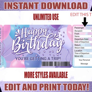 Birthday Ticket Voucher Ticket Birthday  Printable Certificate  Editable Gift Certificate  Printable Tickets For Birthday