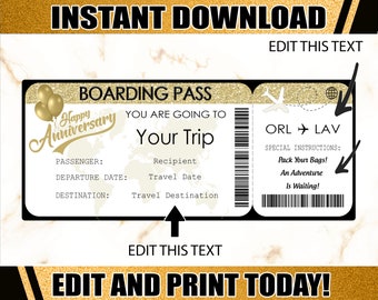 Happy Anniversary Boarding Pass, Printable Airline Ticket Trip Reveal, Printable Tickets, Anniversary Trip Vacation Ticket Downloadable