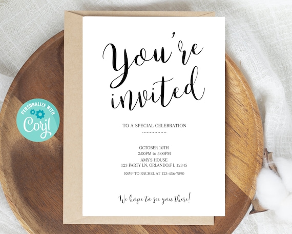 Editable Invitation, Minimalist Invitation, Simple Party Invite, Birthday Invitations, Editable Invitations Template
