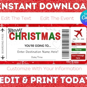 Billet de carte d'embarquement de Noël, modèle de carte d'embarquement, voyage surprise, billet de Noël à télécharger, voyage de Noël, billet cadeau modifiable
