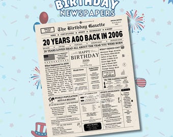 20th Birthday Newspaper Sign 2006, Easy Printable Birthday Gifts, 20th Birthday Gift for Men or Women, Back in 2006, Instant Download