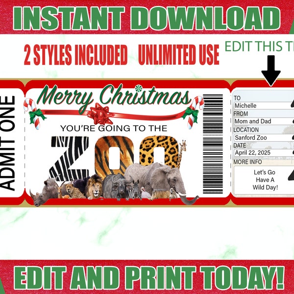 Christmas Gift of Zoo Printable Ticket Surprise Zoo Ticket Printable Zoo Gift Ticket Editable Zoo Ticket Printable Tickets Animal Lover Gift