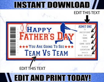 Honkbal Ticket Vaderdag Honkbal Afdrukbaar Certificaat Bewerkbare Honkbal Cadeau Afdrukbare Tickets. Honkbalcadeau voor vaderdag