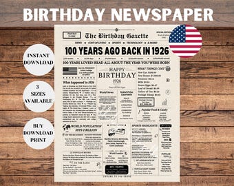 100th Birthday Newspaper Sign 1925, 100th Birthday Gift for Men or Women, Back in 1926, 100th Birthday Decorations, Instant Download