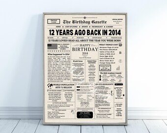12th Birthday Newspaper Sign, 12th Birthday Gift for Kids, What