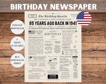 85th Birthday Newspaper Sign, 85th Birthday Gift for Men or Women, 85 Years Ago Back in 1941 Poster, 85th Birthday Decoration