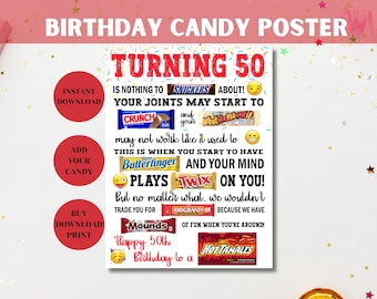 50th Birthday Candy Poster, Birthday Candy Sign, 50th Birthday Gifts, Candy Gram Sign, Birthday Puns, Unique Birthday Sign