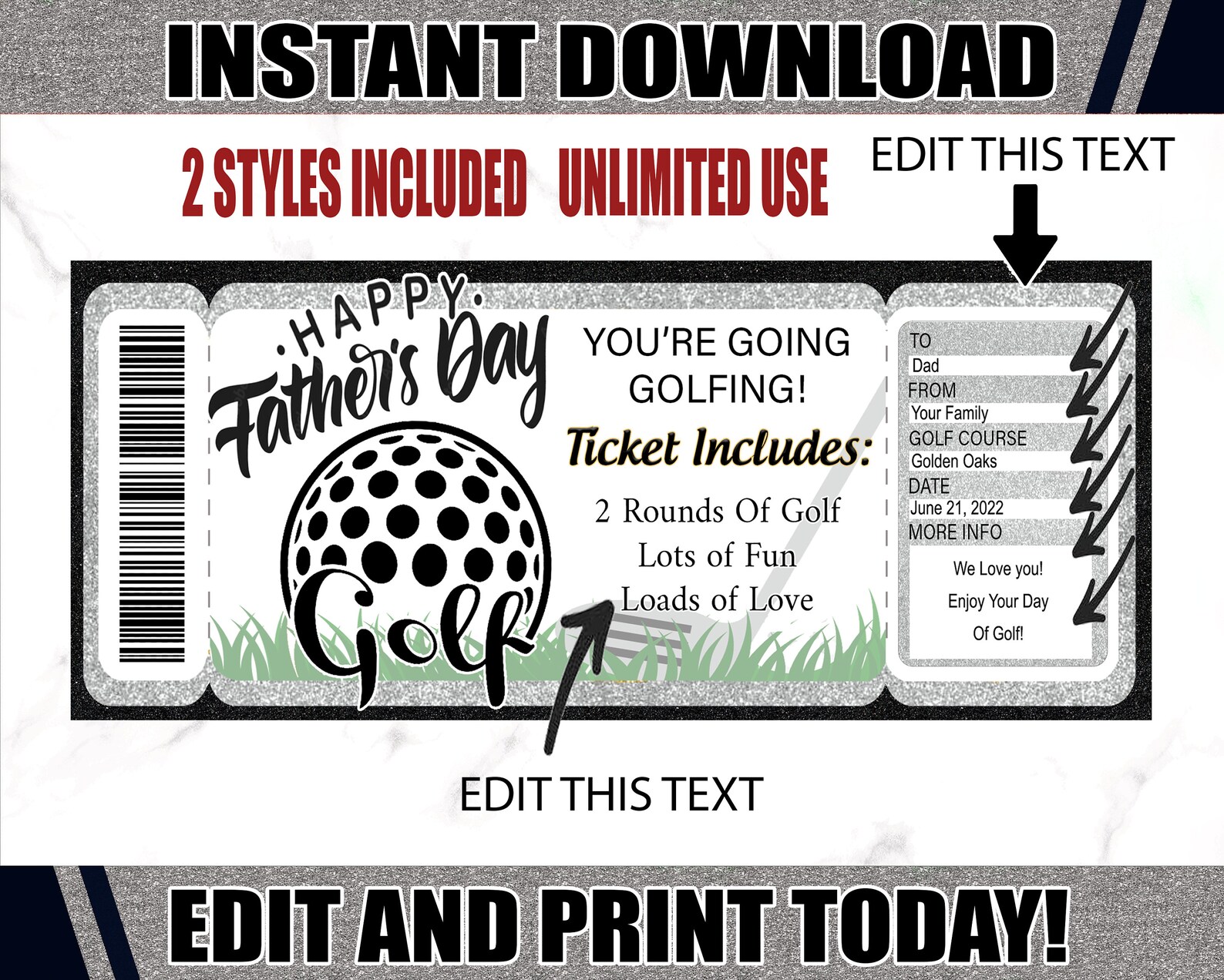 Printable Golf Ticket for Father's Day Golf Certificate Etsy