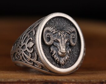 Handmade Silver Ram Ring , Aries Ram Head Signet Ring , Ram Silver Viking Ring , Nordic Men Accessory , Silver , Minimalist , Gift for Him