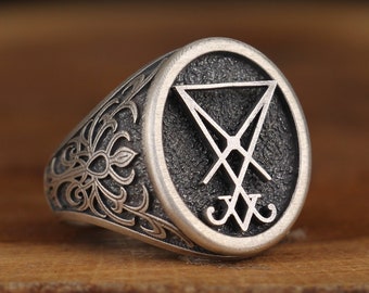 Sigil Of Lucifer Ring Devil , Silver Men Satanist Signet , Men Satanist Silver Engraved Ring , Devil Silver Ring , Custom Made Baphomet Ring