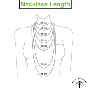 Op de afbeelding: Een lijntekening van een torso die verschillende kettinglengtes in centimeters laat zien, van 35 cm tot 85 cm.