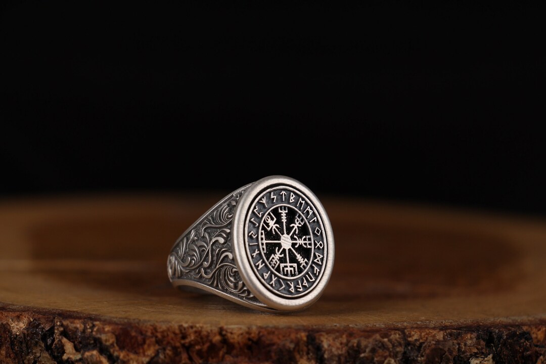 Viking Compass Ring Vegvisir Silver Oxidized Viking Compass Ring Silver