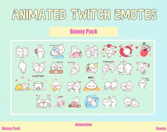 May include: A set of 25 animated Twitch emotes featuring cute bunny characters in various poses and expressions. The emotes include "Surprise!!", "Hurry!", "My love", "Well...", "Please", "See ya", and more. The emotes are designed in a cartoon style with bright colors and simple lines.