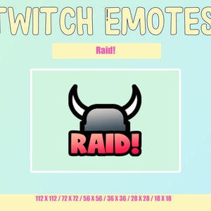May include: A Twitch emote featuring a black and gray horned helmet with the word "RAID!" in red and pink letters. The emote is on a light blue background with the text "Raid!" in pink letters on a yellow background.