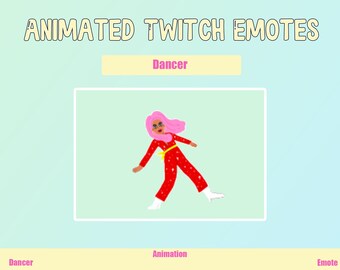 May include: Animated Twitch emote of a person with pink hair wearing a red jumpsuit with yellow stars and white boots, dancing. The emote is titled "Dancer".