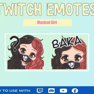 Twitchエモート、Discordエモート、マスクをした女の子のエモート、茶髪の女の子のエモート、黒髪の女の子のエモート、かわいい女の子のエモート、2つの別々のエモート