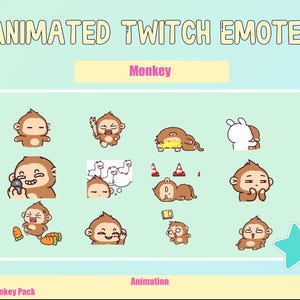 May include: A collection of animated Twitch emotes featuring various monkey expressions. The emotes include a monkey with a phone, eating carrots, and other playful poses. The text "ANIMATED TWITCH EMOTES" and "Monkey" are displayed.