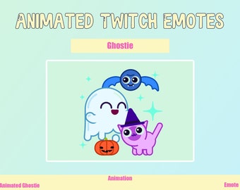May include: Animated Twitch emote featuring a cute ghost, a bat, and a cat wearing a witch hat. The ghost is white and has a big smile. The bat is blue and has big eyes. The cat is pink and has a purple witch hat. The background is light green.