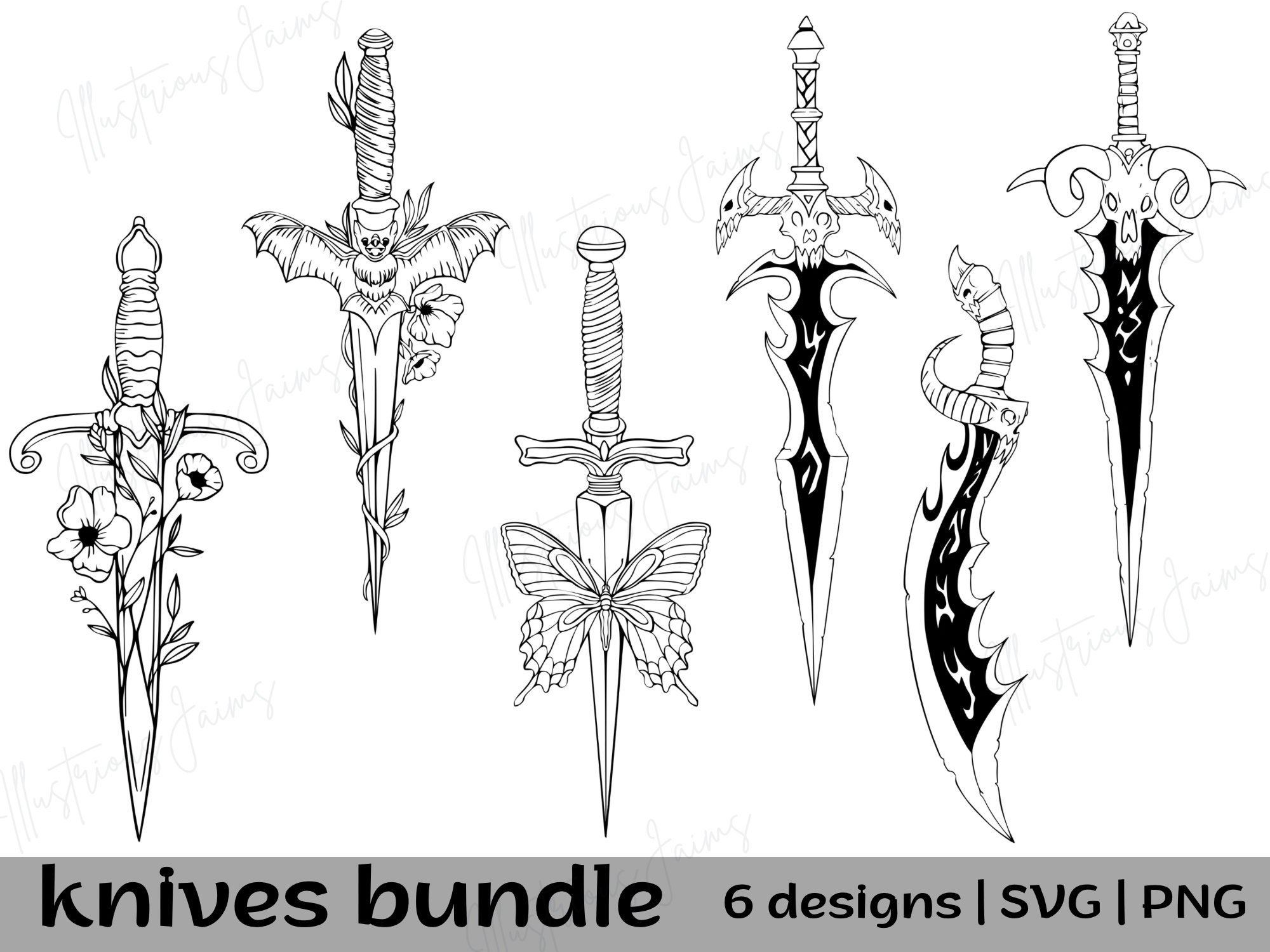 Daggers SVG, PNG, Knives Clipart, Butterfly Dagger, Flower Dagger, Dark