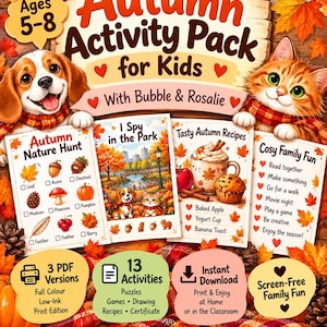 May include: An Autumn Activity Pack for Kids featuring a beagle and a cat. The pack includes an Autumn Nature Hunt, I Spy in the Park, Tasty Autumn Recipes, and Cosy Family Fun. It offers 13 activities, 3 PDF versions, and instant download.