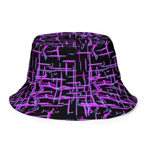 May include: Black bucket hat with a neon pink and blue abstract geometric design. The hat features a wide brim and a structured crown. The pattern consists of intersecting lines and shapes, creating a modern and eye-catching look.