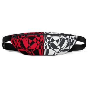 May include: A black fanny pack with a red and black geometric pattern on one side and a white and black geometric pattern on the other side.