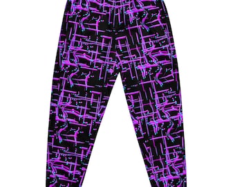 Könnte beinhalten: Schwarze Jogginghose mit einem leuchtenden neon-lila und blauen abstrakten Design. Das Muster zeigt sich kreuzende Linien und geschwungene Formen, die eine dynamische und moderne Ästhetik erzeugen. Bequeme Passform.