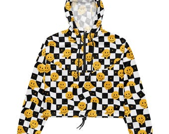 Crop Windbreaker - Checkerboard Smiley Face