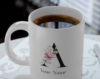 Personalized Alphabet Letter Mug with Your Name! Vintage/Retro Flower Design - 20oz Jumbo Ceramic Mug