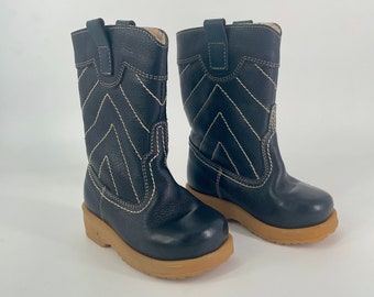 RARE! Vintage Toddler Boots/ Scandinavian Leather Winter Boots/ Dark Navy Blue / 1970s Finnish Design
