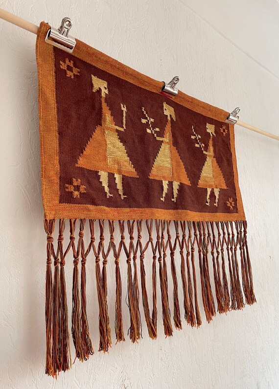 Woven Wall Decor Vintage Wall Hanging With Fringe Folk Tapestry Deep Brown Shades Etsy Australia