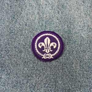 May include: A purple and white embroidered scout badge with a fleur-de-lis design.