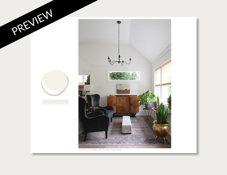 May include: A white living room with a black chandelier, two black velvet armchairs, a wooden cabinet, a rug, and plants. The walls are painted white.