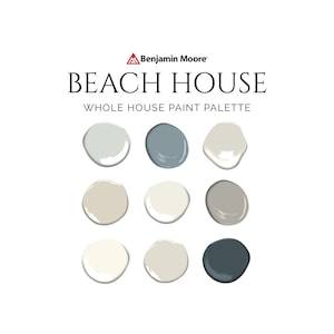 Paleta de pintura de casa de praia, paleta de cores de pintura costeira, cores de pintura de Benjamin Moore, Serena e Lily, cores complementares de pintura de casa inteira