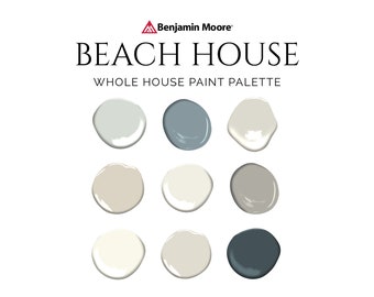Beach House Paint Palette, Coastal Paint Color Palette, Benjamin Moore, Serena & Lily Paint Colors, Complementary Whole House Paint Colors