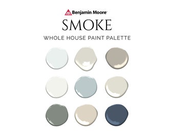 Benjamin Moore Smoke Palette, Smoke Color Palette, Smoke Cabinets, Smoke Coordinating Colors, Blue Cabinets, Newburyport, White Heron, Trim