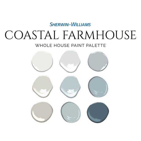 Coastal Farmhouse Paint Palette, Sherwin-Williams, Farmhouse Paint Colors 2023, Beach House, Coastal Bedroom Ideas, Krypton, Pure White