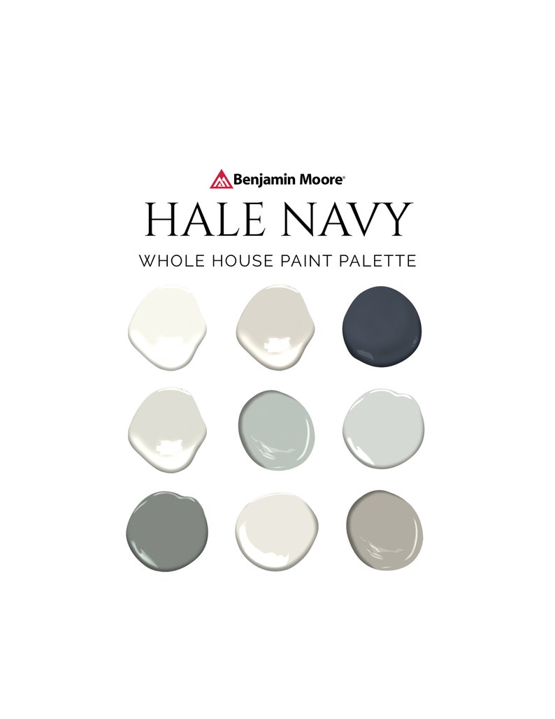 K&ouml;nnte beinhalten: Eine Farbpalette mit neun Farbmustern in verschiedenen Graut&ouml;nen und Blaut&ouml;nen. Die Palette tr&auml;gt den Titel "Hale Navy Whole House Paint Palette" mit dem Benjamin Moore Logo.