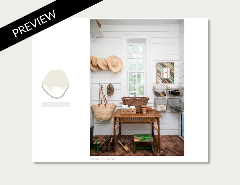 May include: A white room with a wooden table and chairs. The walls are white and the floor is brick. There are baskets and hats hanging on the walls. The text "Credit: Anya Design" is at the bottom of the image.