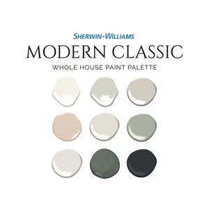 Modern Classic Paint Palette, Sherwin-Williams, Whole House Paint Palette, Paint Colors, Best Off-White Colors, Shoji White, Pewter Green