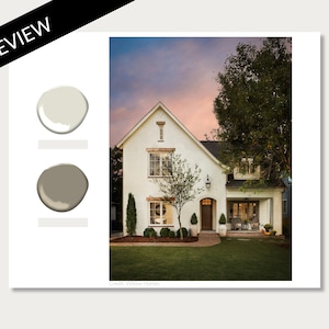 May include: A white two-story house with a brick facade and a brown door. The house has a large front porch with a white railing and a green lawn. The sky is a soft pink and orange color. Credit: Willow Homes.