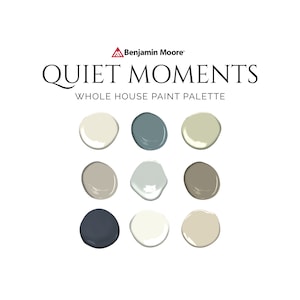 Benjamin Moore Quiet Moments Palette, Interior Design Color Palette, Interior Paint Palette, Whole House Paint Colors, Cloud White