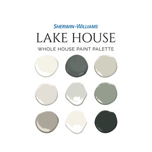 Lake House Paint Palette, Sherwin-Williams, Mountain House Paint Palette, Cabin Paint Colors, Modern Rustic, Evergreen Fog, Lake House Plans